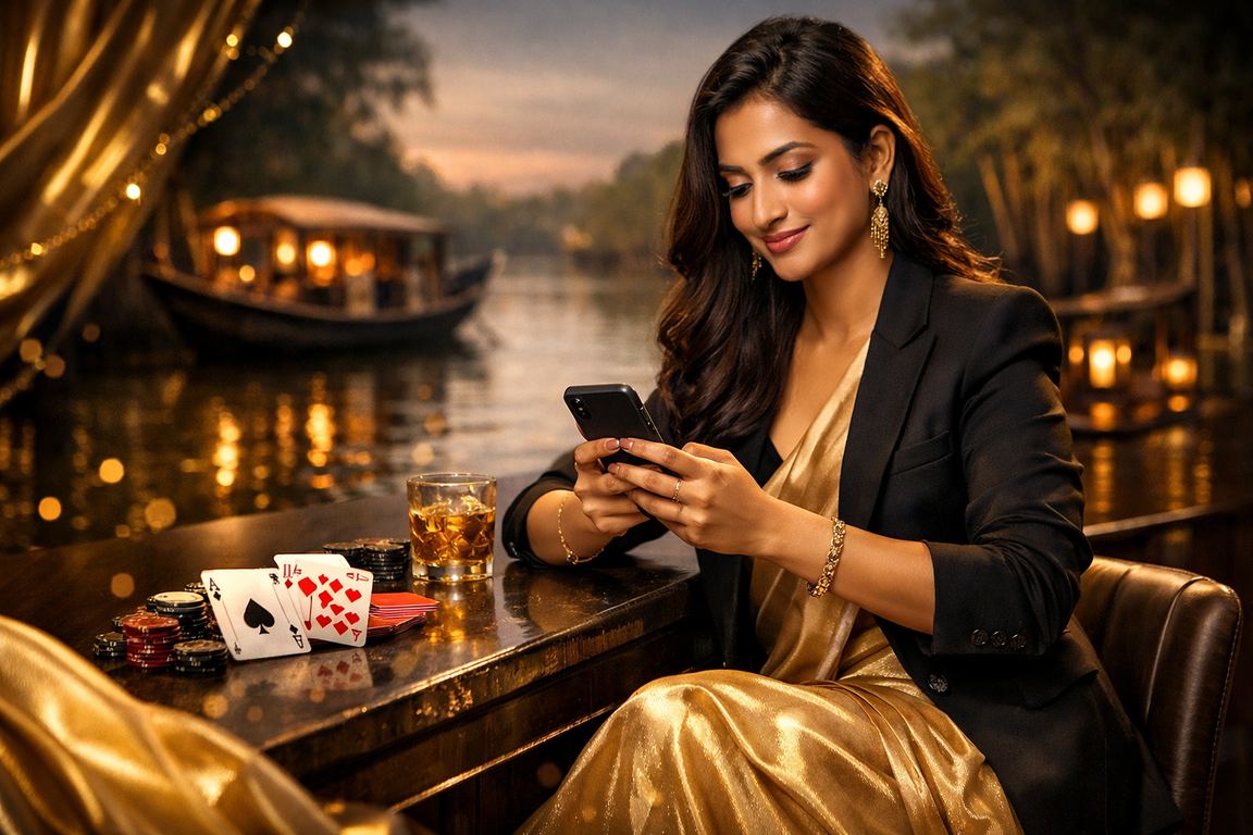 সুন্দরবনের পটভূমিতে রামি গেম ও শাড়ি পরিহিত মডেল